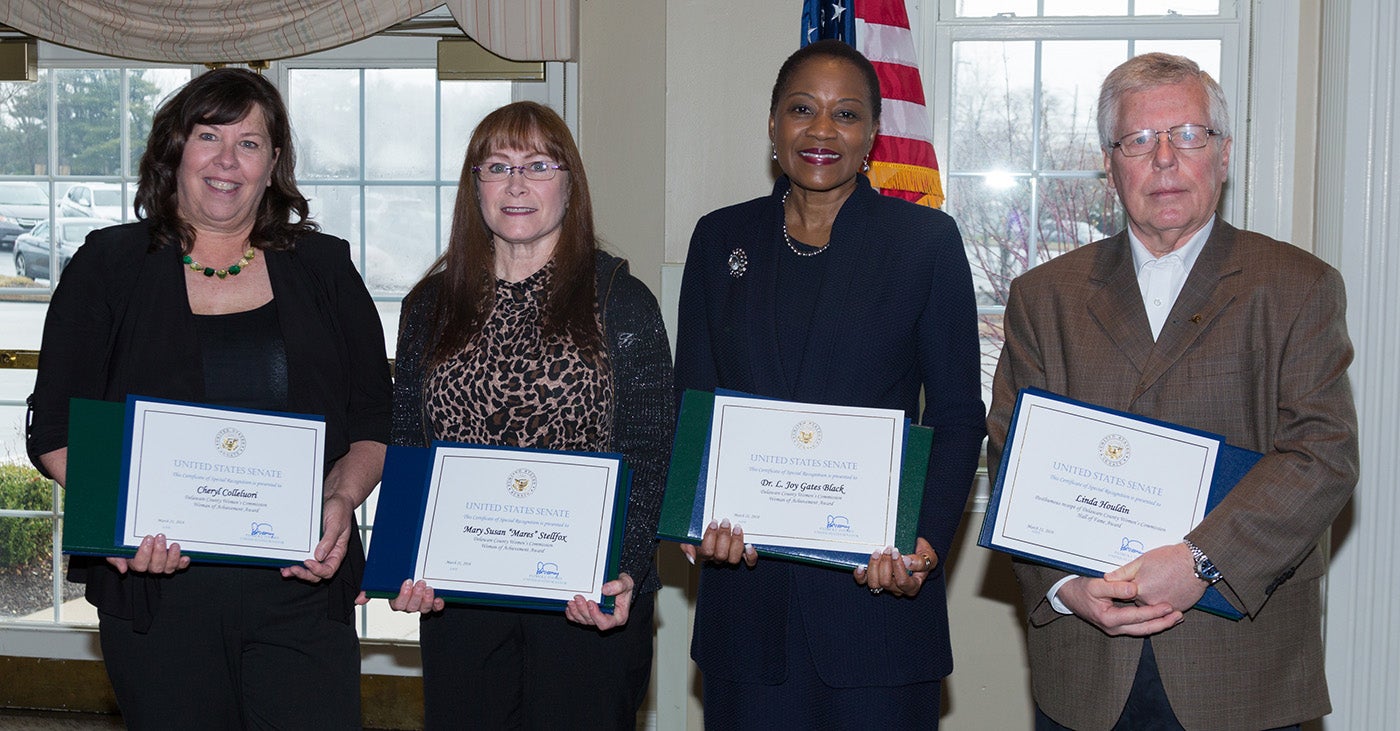 Photo of Cheryl Colleluori, Mares Stellfox, Dr. L. Joy Gates Black, and John Houldin, husband of the late Linda Houldin