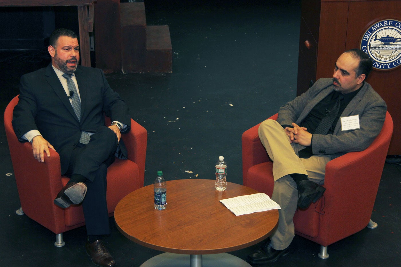 Pennsylvania Secretary of Education Pedro A. Rivera fields questions from audience members and from Assistant Professor of English Fernando Benavidez, a coordinator of Delaware County Community College's second annual Latino Conference, which was held today at the College's Marple Campus