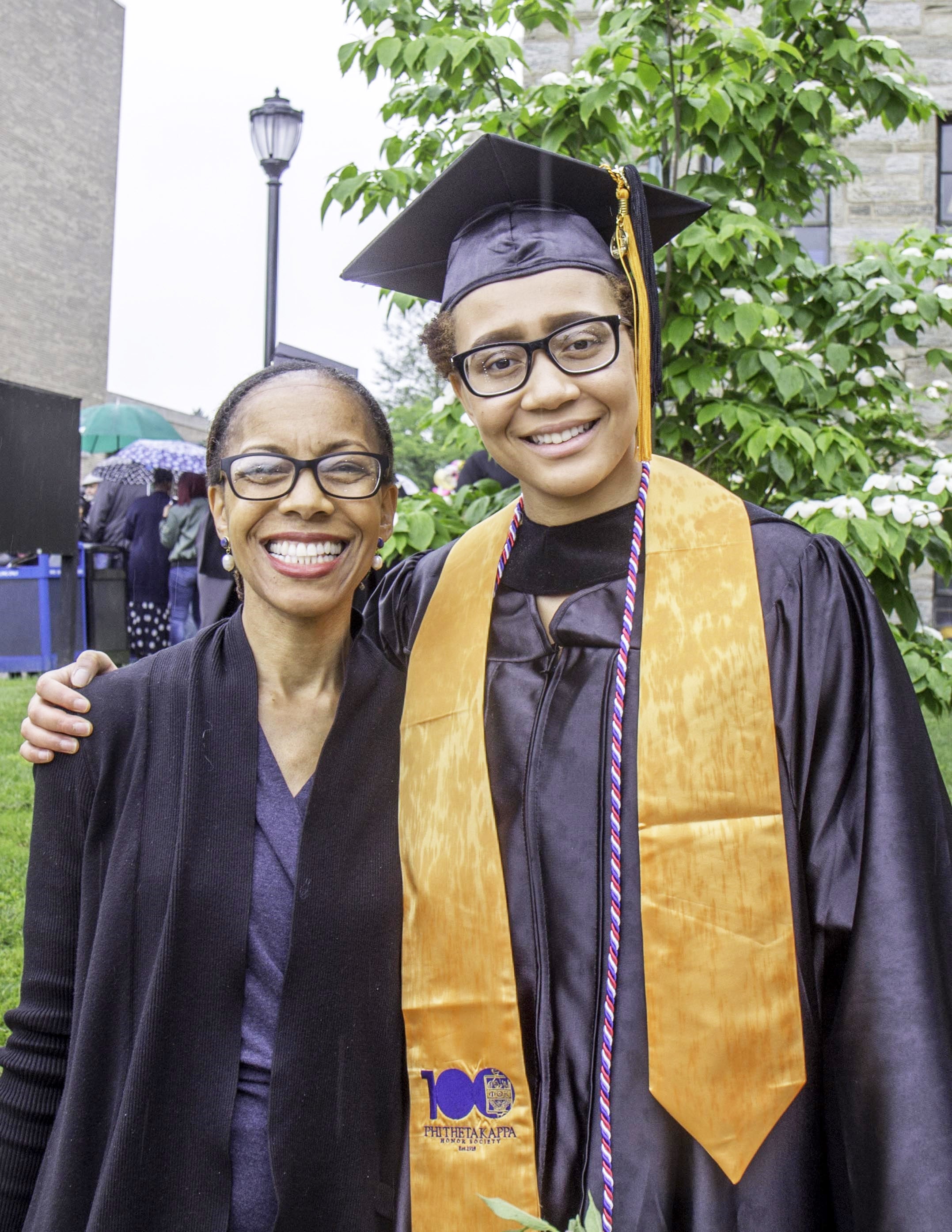 Associate Professor of Communication Studies Tanya Gardner, recipient of a 2018 Lindback Distinguished Teaching Award, with her daughter, Ayanna Elise Gardner, who graduated from the College on May 17 with an Associate in Science degree in Engineering Science.
