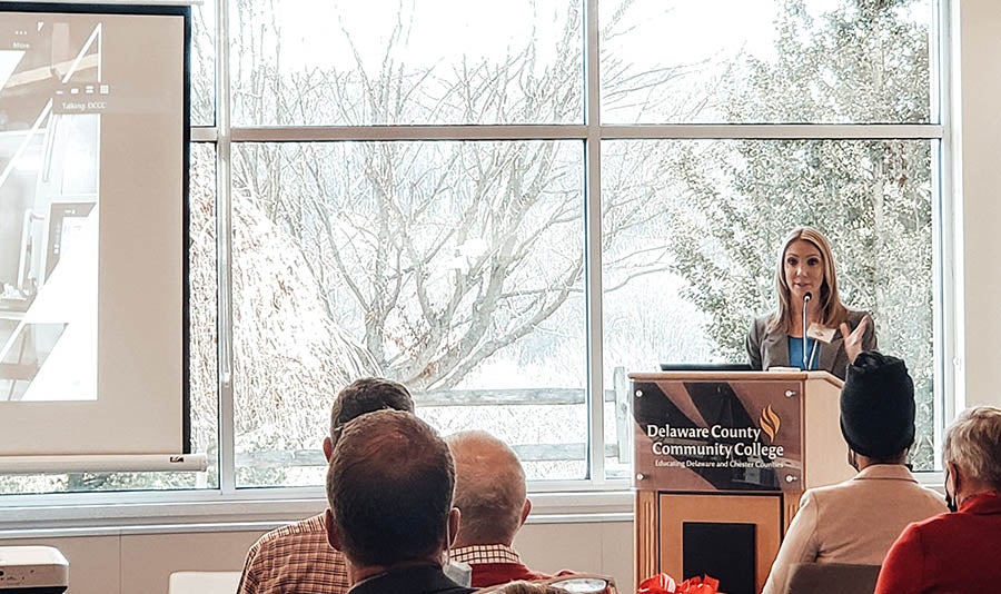 Tara Loew, director of the PA Department of Labor’s Apprenticeship and Training Office, speaks to Western Chester County Chamber of Commerce members at Delaware County Community College’s Downingtown location in Chester County